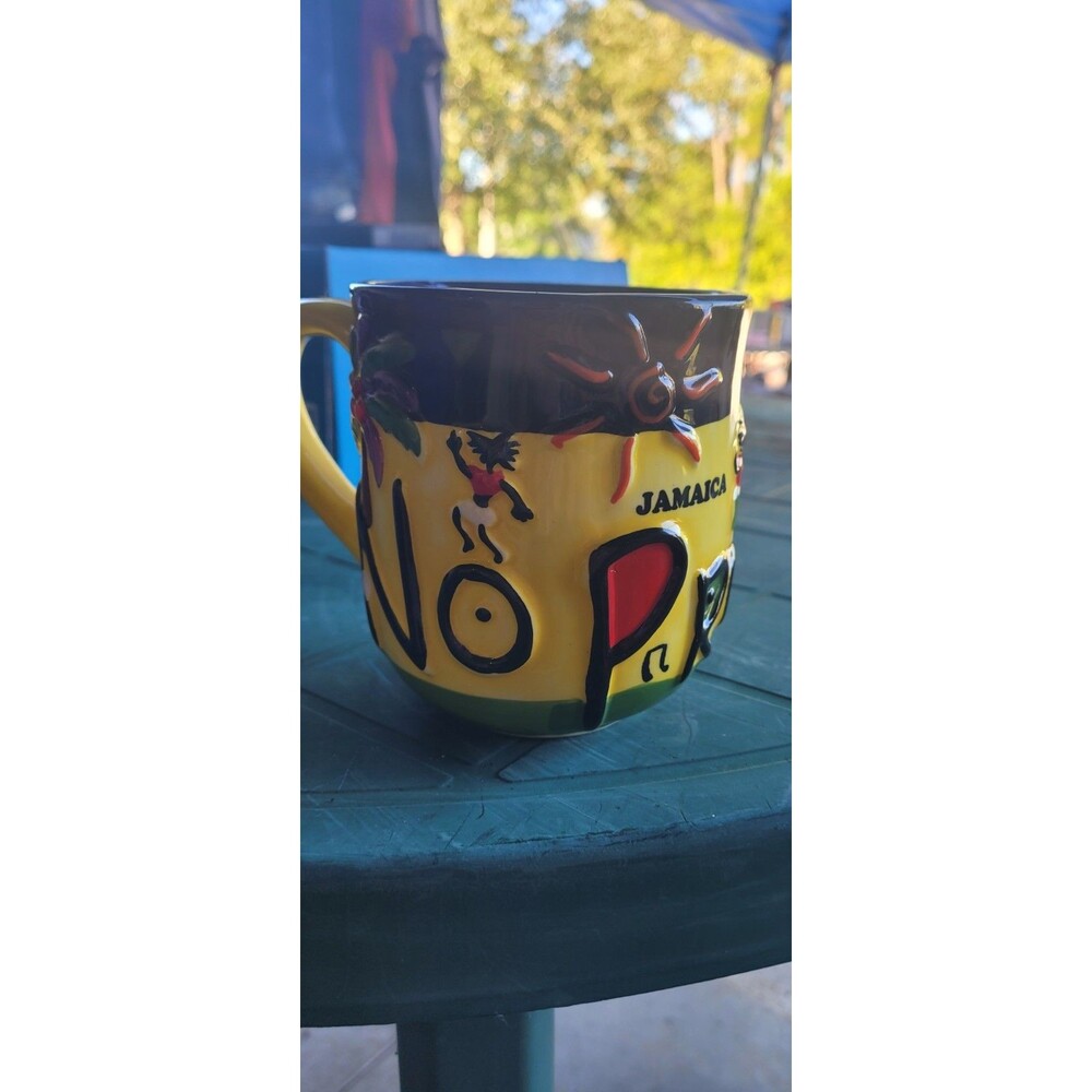 "Jamaica No Problem" Coffee Tea Mug Large Colorful 16 oz Raised Letters.